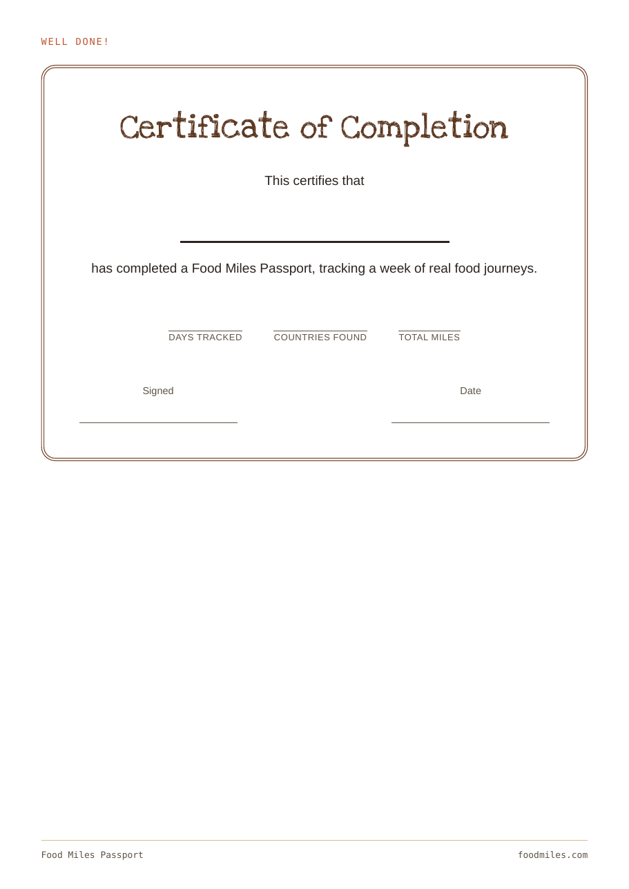 The certificate of completion page from the Food Miles Passport